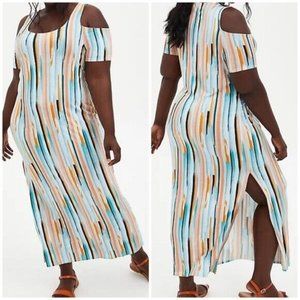 TORRID NWT 1X Multi-Color Stripe Super Soft Jersey Cold Shoulder Maxi Dress